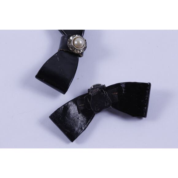 Black Bow, Pair, White Pearls, Leather, Button Clips, Victoiran, Collar Clips - Picture 2 of 3